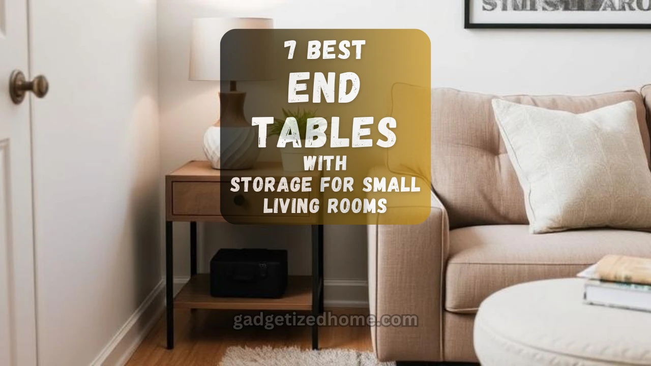 A cozy small living room with a modern end table featuring drawers and a lamp, surrounded by minimalist decor.