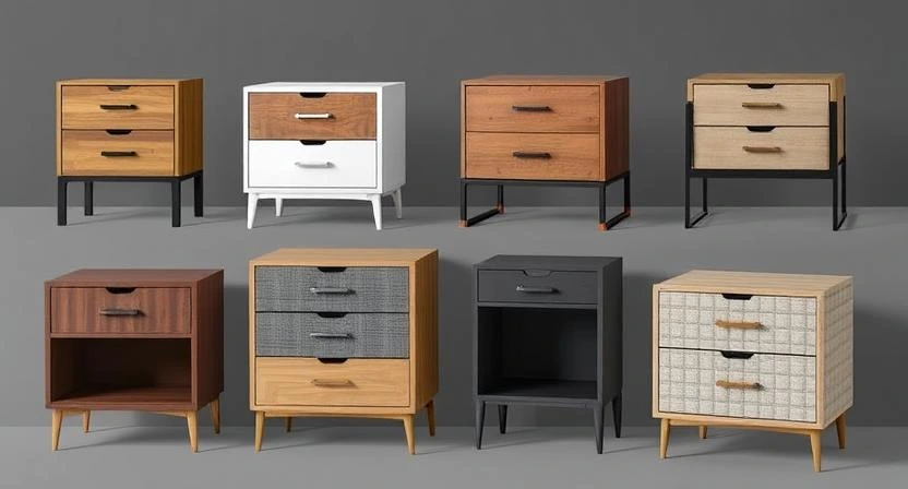 A collection of stylish nightstands with drawers in different designs and finishes, perfect for organizing bedrooms.