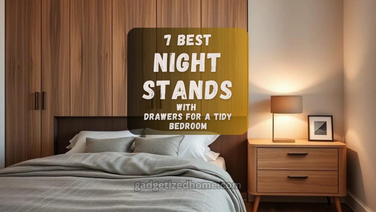 Modern bedroom with a stylish nightstand featuring drawers, lamp, and decor for a clean, cozy look.