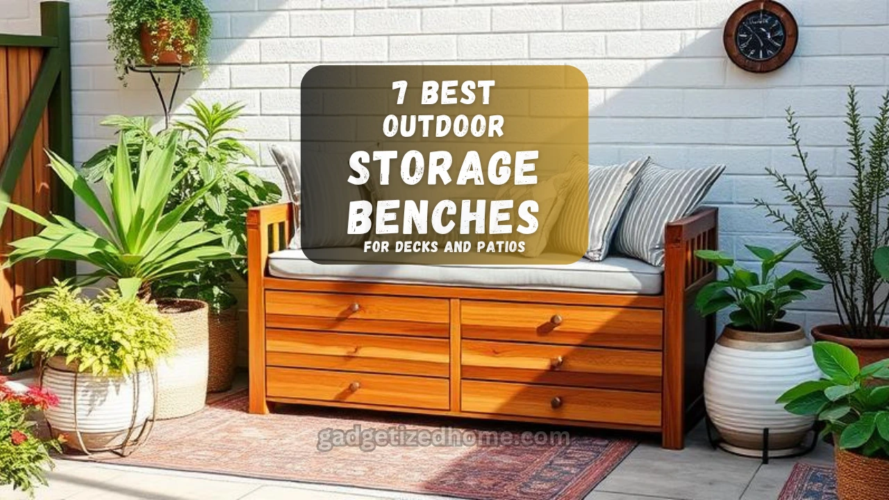 A stylish outdoor patio with a cushioned storage bench, potted plants, and decorative pillows.