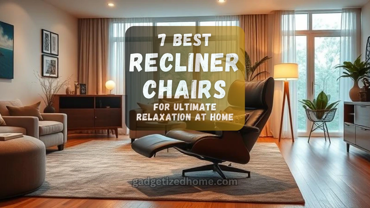 A cozy modern living room with a stylish recliner chair, soft lighting, and a warm, relaxing atmosphere.