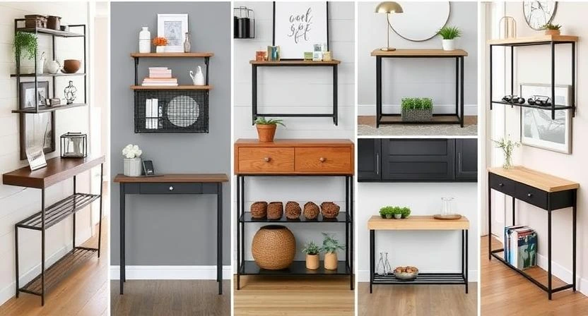 Collage of seven slim console tables designed for narrow hallways, featuring modern, minimalist, and space-saving styles in wood and metal finishes.