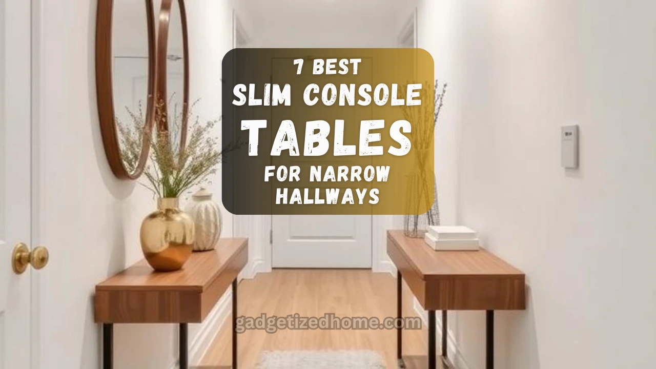 Stylish slim console table in a narrow hallway with modern decor and soft lighting.