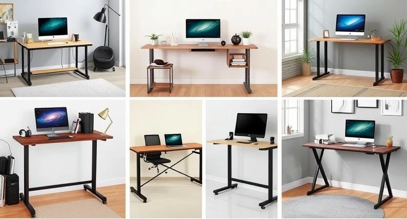 A collection of modern standing desks in different styles and colors, arranged in various home office environments.