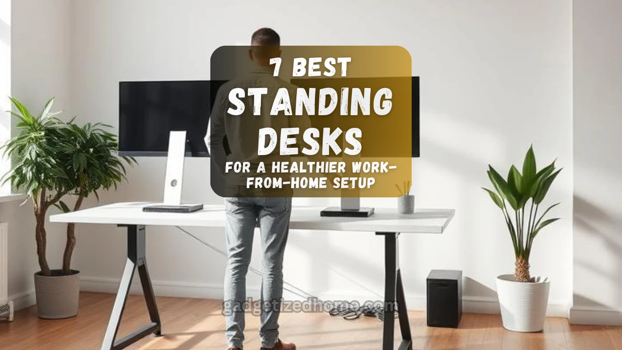 Modern home office setup featuring a person using a stylish standing desk with dual monitors, natural light, and minimalist decor.
