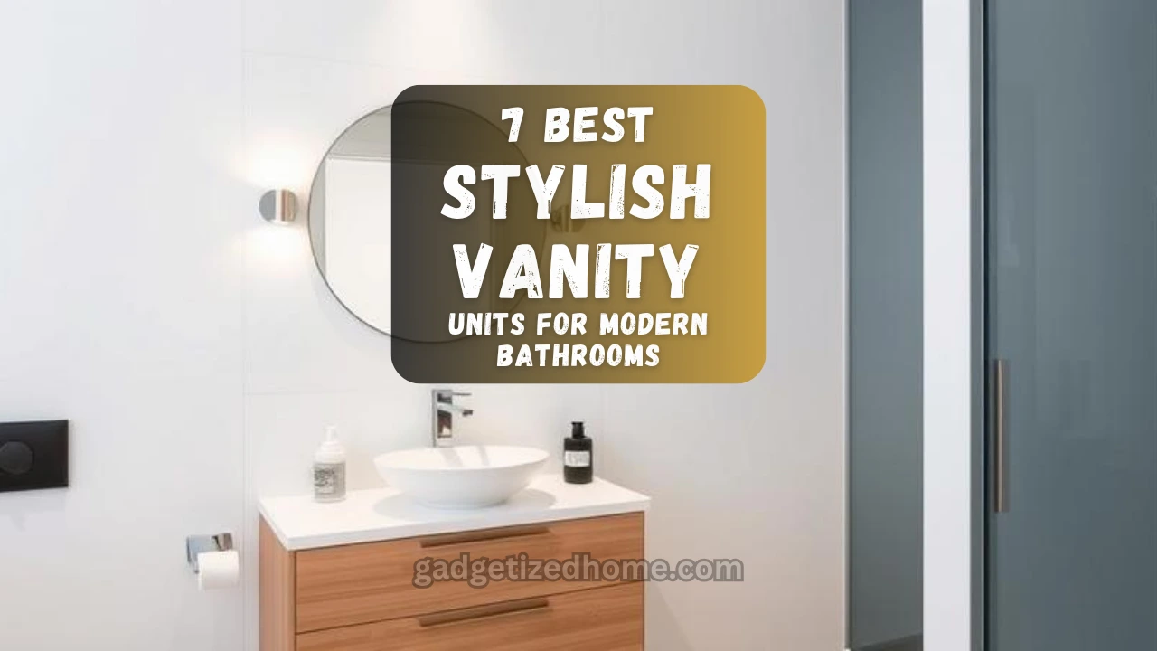 Stylish modern bathroom with a white vanity unit, round mirror, and warm lighting.