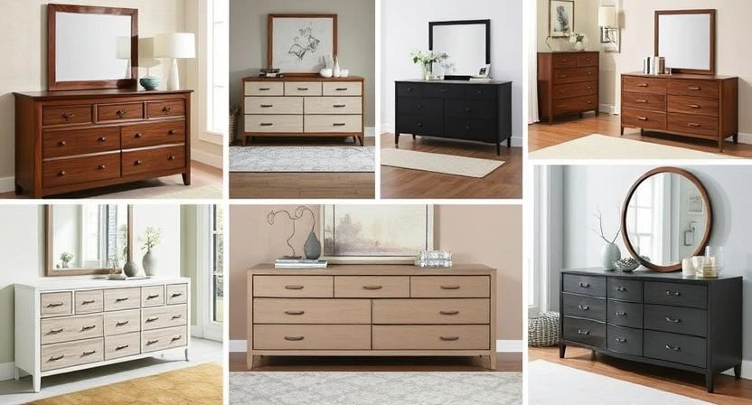A lineup of 8 different bedroom dressers, ranging from wood to fabric styles, displayed in various room settings.