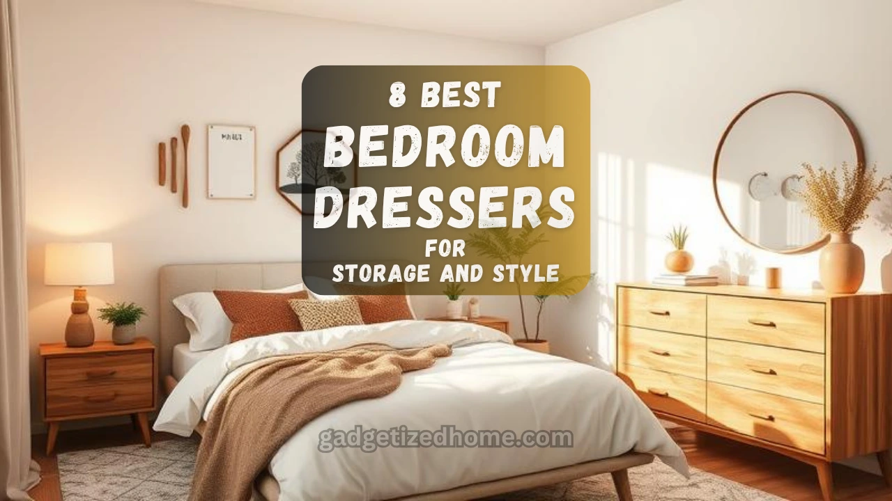 A stylish bedroom with a modern wooden dresser, soft lighting, and decor accents like plants and mirrors.