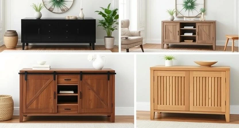 Collage of three buffet tables in different styles—modern black, rustic farmhouse, and minimalist natural wood—each styled in unique dining or living spaces.