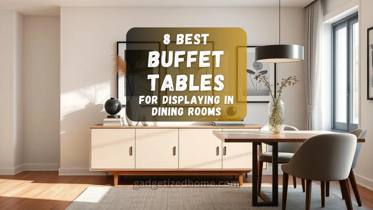 Modern dining room with a stylish buffet table featuring storage cabinets and decorative items on top.