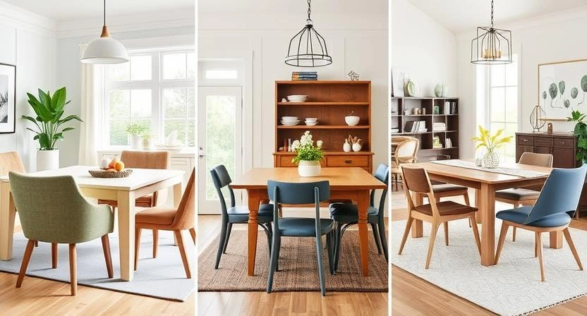 Various comfortable dining chairs in different styles, colors, and materials displayed in stylish home settings, showcasing a mix of modern, rustic, and classic designs.
