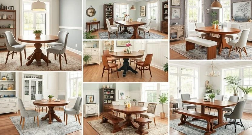 A variety of dining tables arranged in different home settings, showing styles for families and entertaining guests