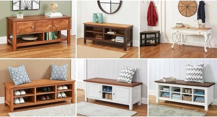 Modern entryway featuring a storage bench with shelves for shoes and space for bags.