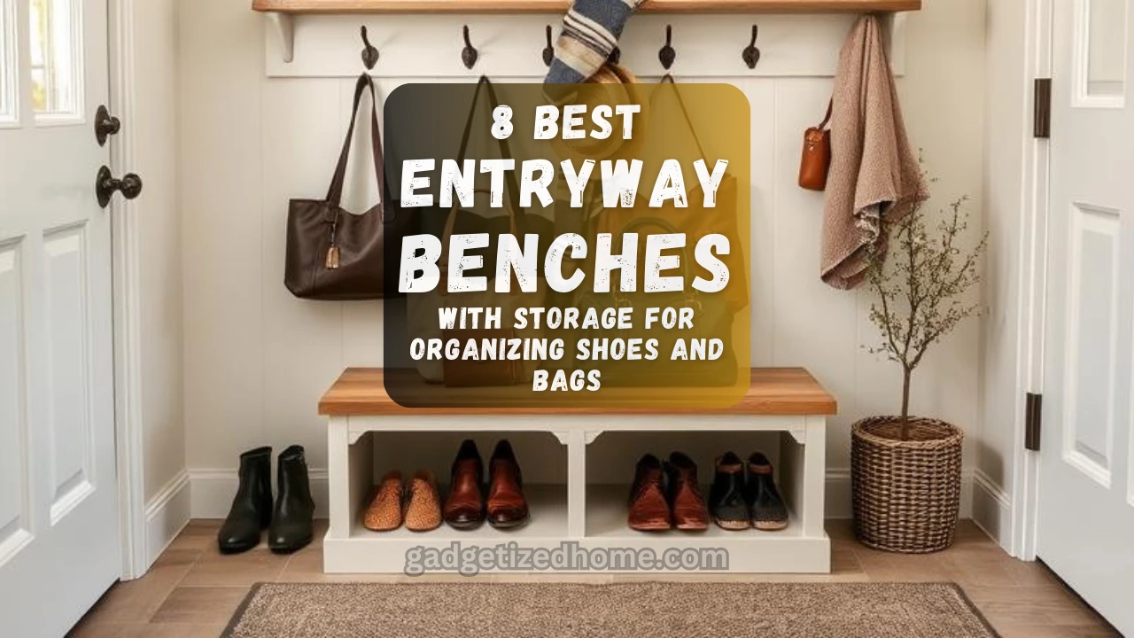 Stylish entryway with a rustic storage bench, shoes neatly placed underneath, and bags hanging above.
