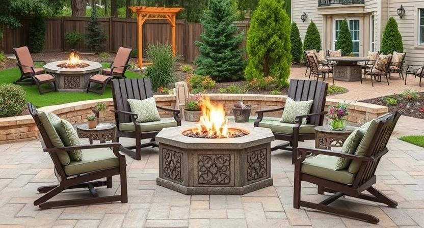 A collection of 8 different fire pit furniture sets arranged in a grid, showcasing various designs and styles.