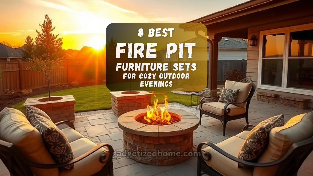 Cozy outdoor patio setup with a fire pit table surrounded by cushioned furniture under warm evening lights.