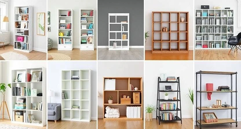 A variety of bookshelf styles lined up—modern, rustic, minimalist, and cube shelves in a bright room.