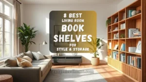 A cozy modern living room with a stylish bookshelf filled with books, plants, and decorative items.