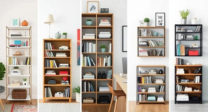 Collage showing 8 stylish office bookcases in different settings—some tall, some wide—holding books, files, and decorative items.