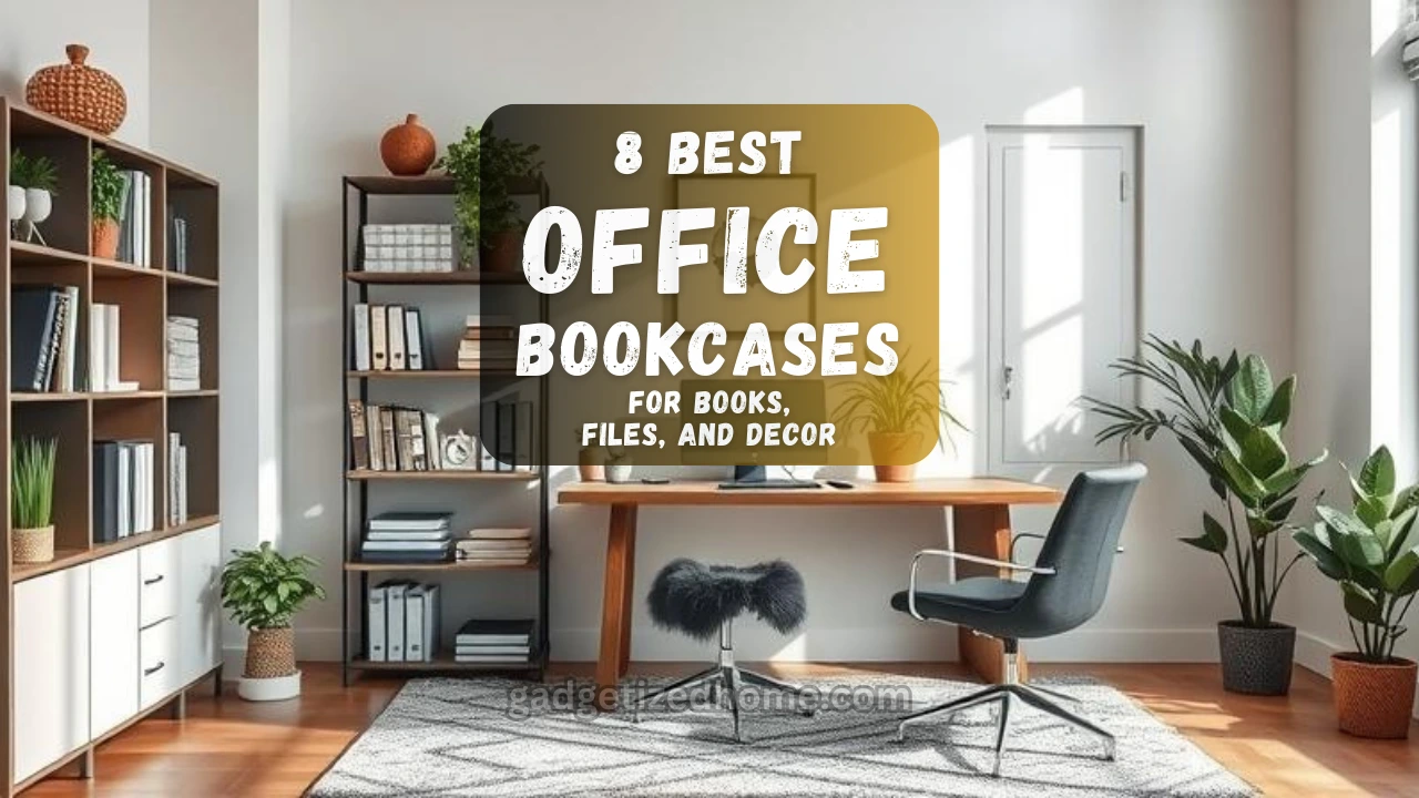 Modern home office with stylish bookcases holding books, files, and decor items. Bright, clean workspace with wood and metal shelves.