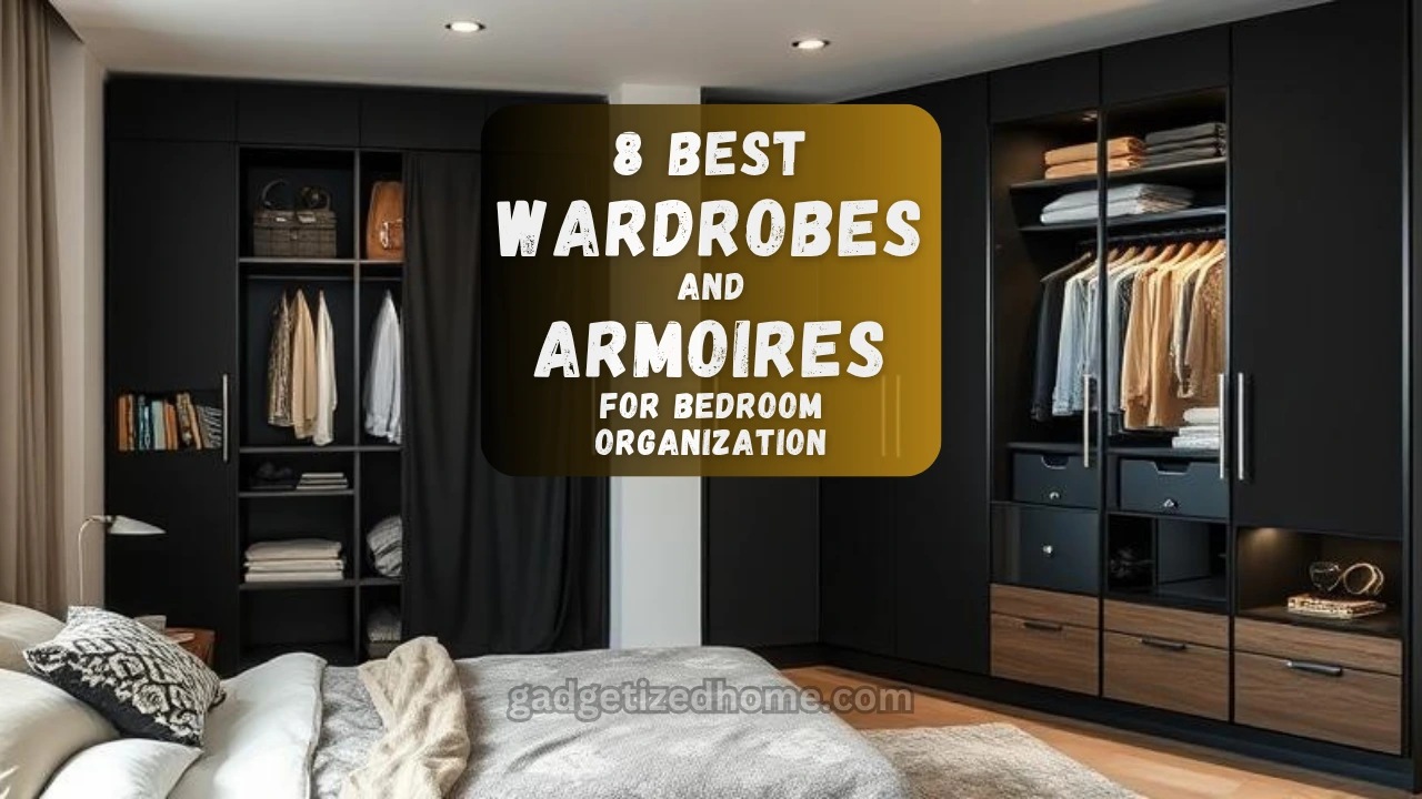 Modern bedroom with different styles of wardrobes and armoires, neatly organized with clothes, drawers, and shelves in a cozy setting.