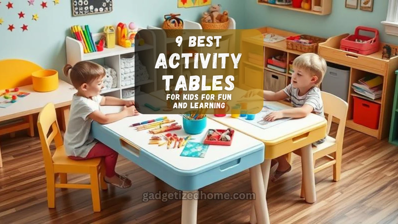 A variety of kids' activity tables set up in a playroom with toys, art supplies, and two children playing.