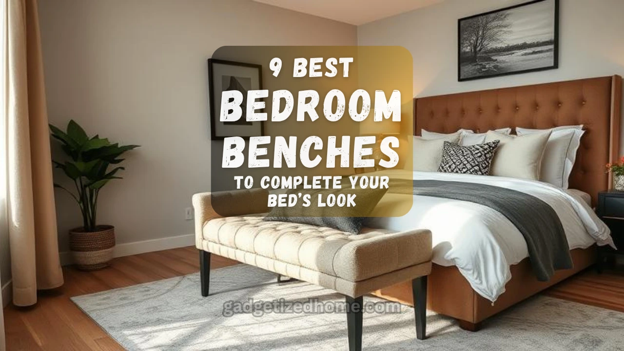 Modern bedroom with a tufted bench at the foot of the bed, soft lighting, and cozy decor.