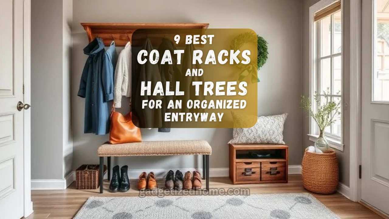 Modern entryway featuring a stylish coat rack with jackets, shoes, and bags neatly arranged