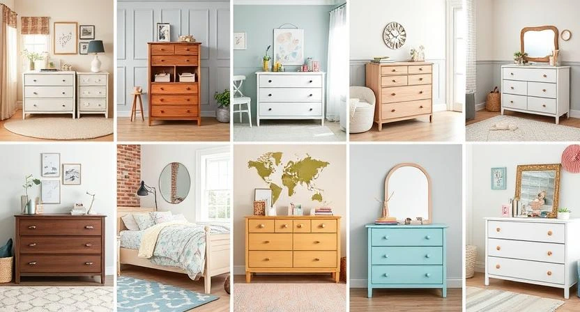 Collage of 9 different kids’ dressers in various room setups.