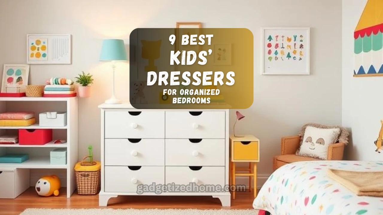 A bright, well-organized kids’ bedroom with a modern dresser, toys neatly stored, and playful decor.