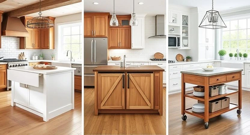 A variety of kitchen islands in different styles and sizes, including modern, rustic, and compact designs, placed in stylish kitchen settings.