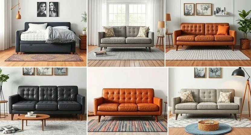 Nine different types of loveseats arranged in a grid, each with unique design and purpose.