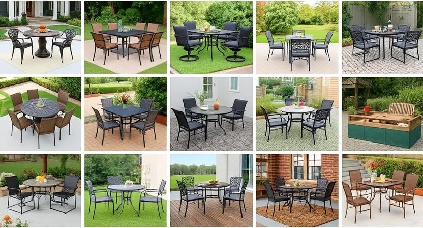 A cozy backyard with a 7-piece outdoor dining set, string lights overhead, and lush greenery in the background.