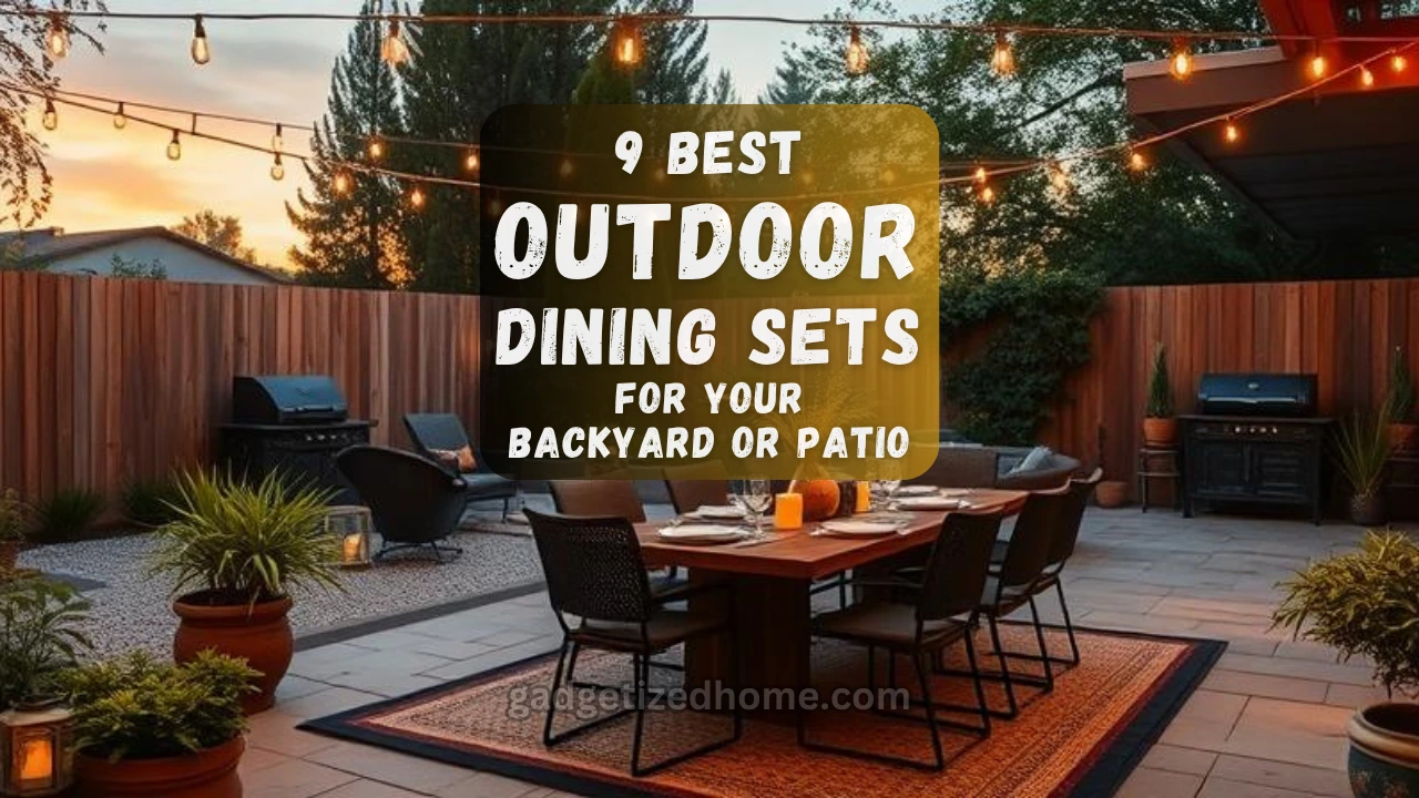 A cozy backyard with a 7-piece outdoor dining set, string lights overhead, and lush greenery in the background.