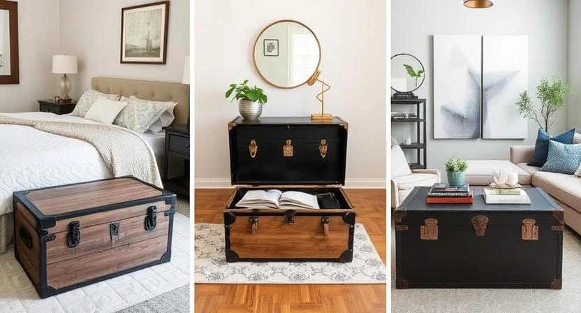 A variety of storage trunks displayed in different home rooms showing both storage and style.