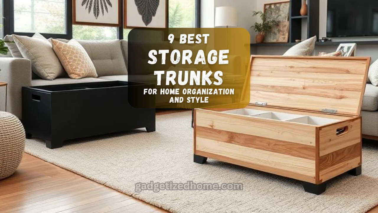 A collection of stylish storage trunks in various sizes and materials, arranged in a cozy living room.
