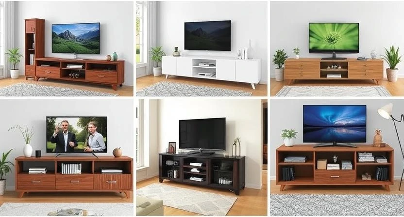 Modern living room with a sleek TV stand, mounted flat-screen TV, and organized shelves with decor.