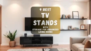 Modern living room with a sleek TV stand, mounted flat-screen TV, and organized shelves with decor.