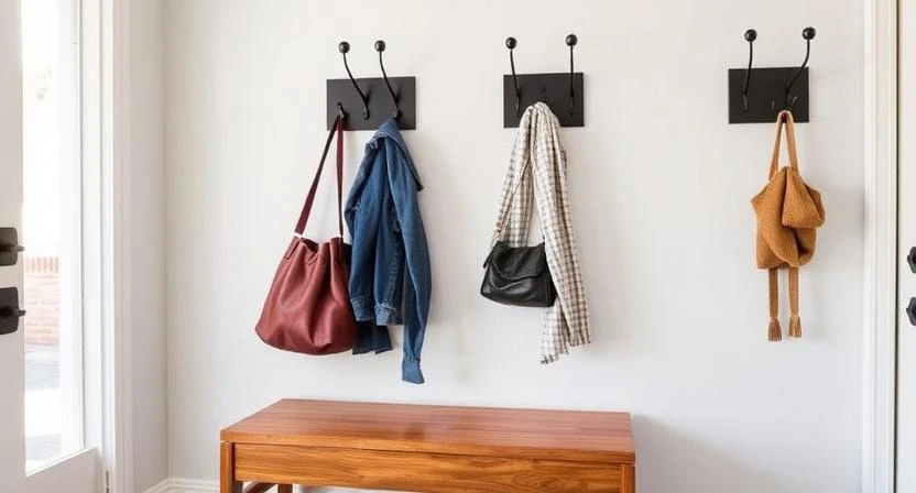 Stylish entryway wall with decorative wall hooks, coats, and accessories neatly organized