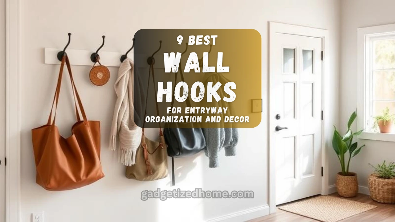 Stylish entryway wall with decorative wall hooks, coats, and accessories neatly organized