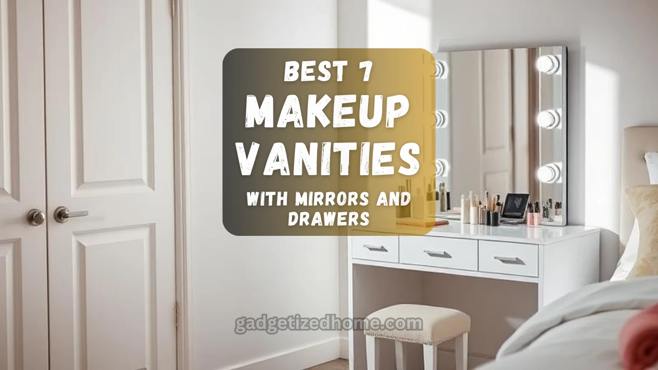 A stylish white makeup vanity with LED mirror, drawers, and stool in a modern bedroom setup.