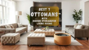 A stylish living room featuring various ottomans with hidden storage in different shapes and materials, placed near sofas and decor.