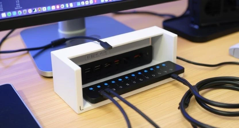 Cable management storage box with smart features and a clean design.