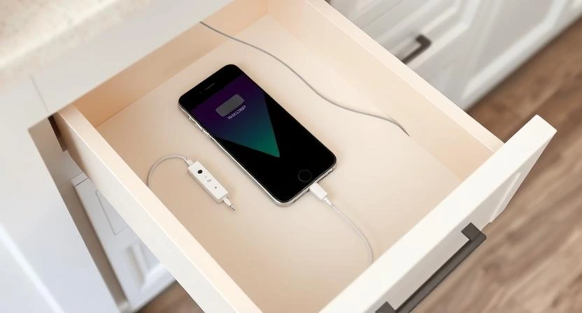 Charging drawer organizers with built-in power strips for cable management.