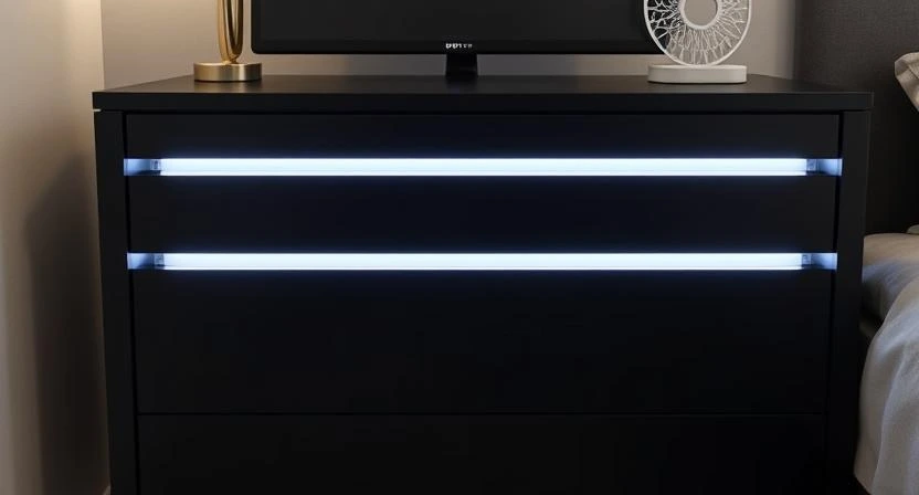 Smart drawer units with voice assistant control and a modern design.