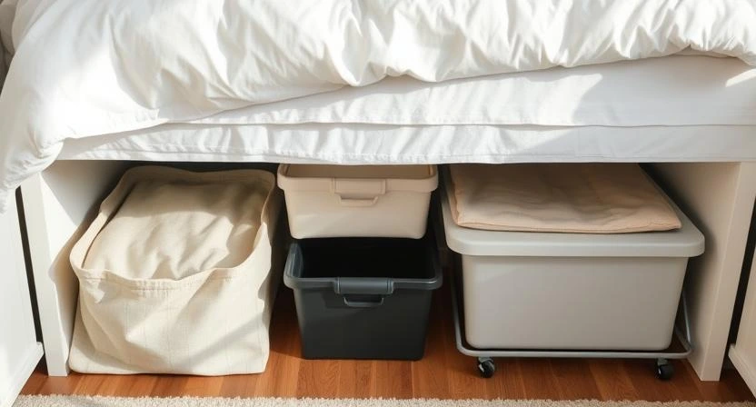 Various underbed storage containers including fabric bins, plastic boxes, and rolling drawers neatly arranged under different bed styles.